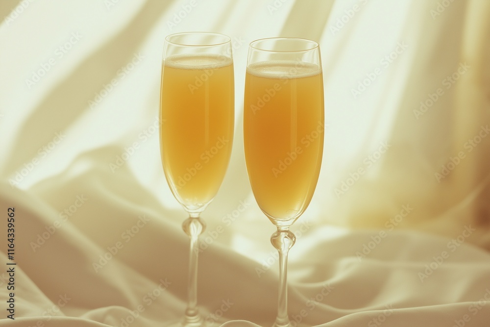 Two Mimosa Cocktails in Flutes with Bubbles and Orange Hue Two Mimosa Cocktails in Flutes with Bubbles and Orange Hue