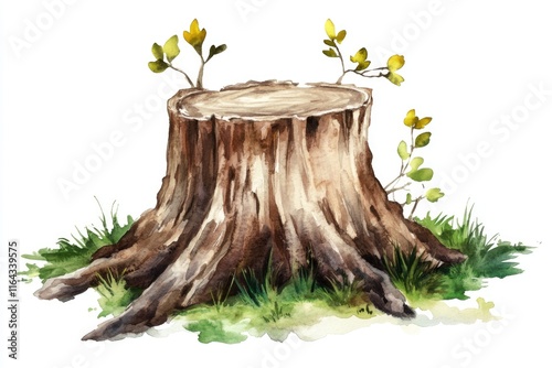 Watercolor art depicting a tree stump in a natural setting, suitable for backgrounds or illustrations