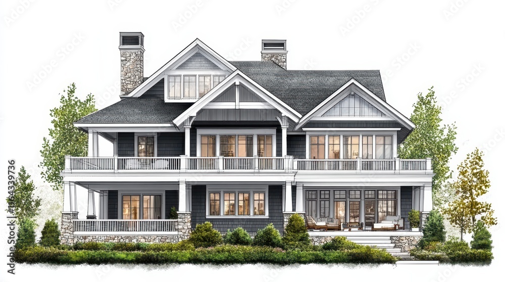 Elegant Luxury Mansion Sketch on White Background