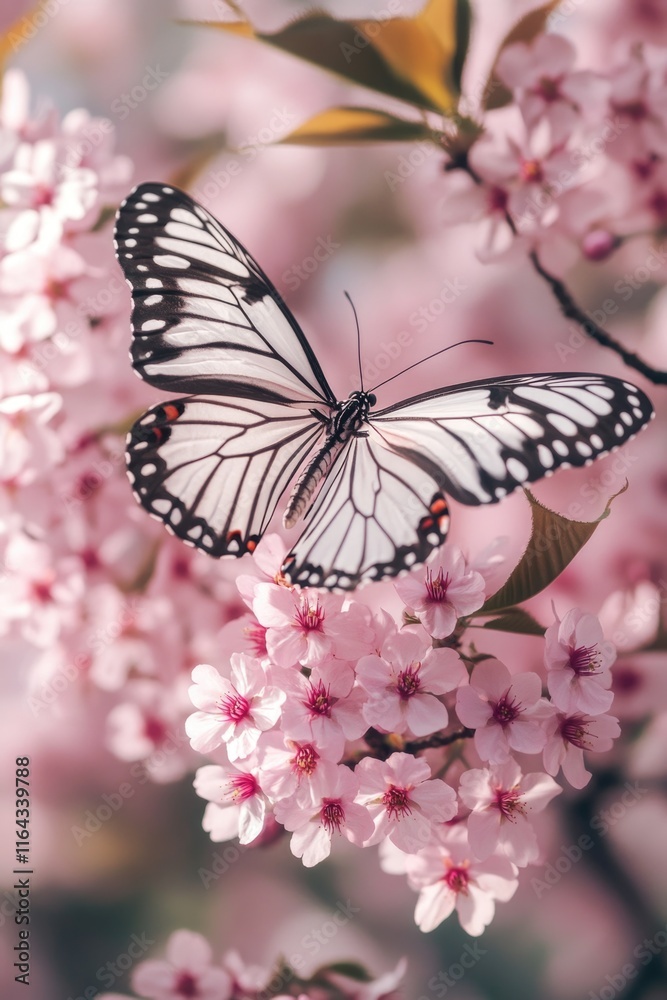 A black and white butterfly sits on a pink flower, showcasing its unique coloration A black and white butterfly sits on a pink flower, showcasing its unique coloration