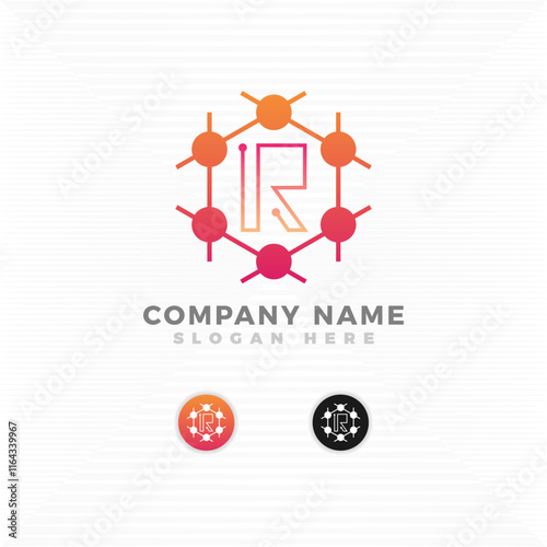 Chemical reaction blended with initial letter R logo 