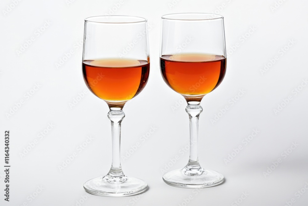 Two glasses of wine sit side by side on a table or surface Two glasses of wine sit side by side on a table or surface