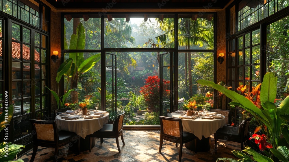 Tables set for dining are bathed in warm sunlight, with large windows showcasing vibrant plants and a serene garden view. The atmosphere feels peaceful and inviting. Tables set for dining are bathed in warm sunlight, with large windows showcasing vibrant plants and a serene garden view. The atmosphere feels peaceful and inviting.