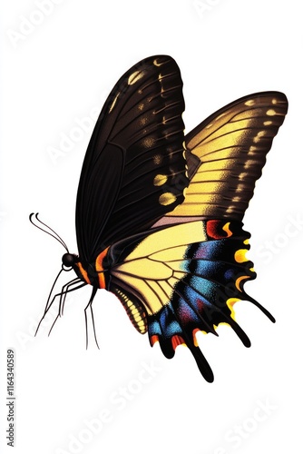 A black and yellow butterfly perched on a white background, ideal for use in illustrations or designs requiring insect motifs photo