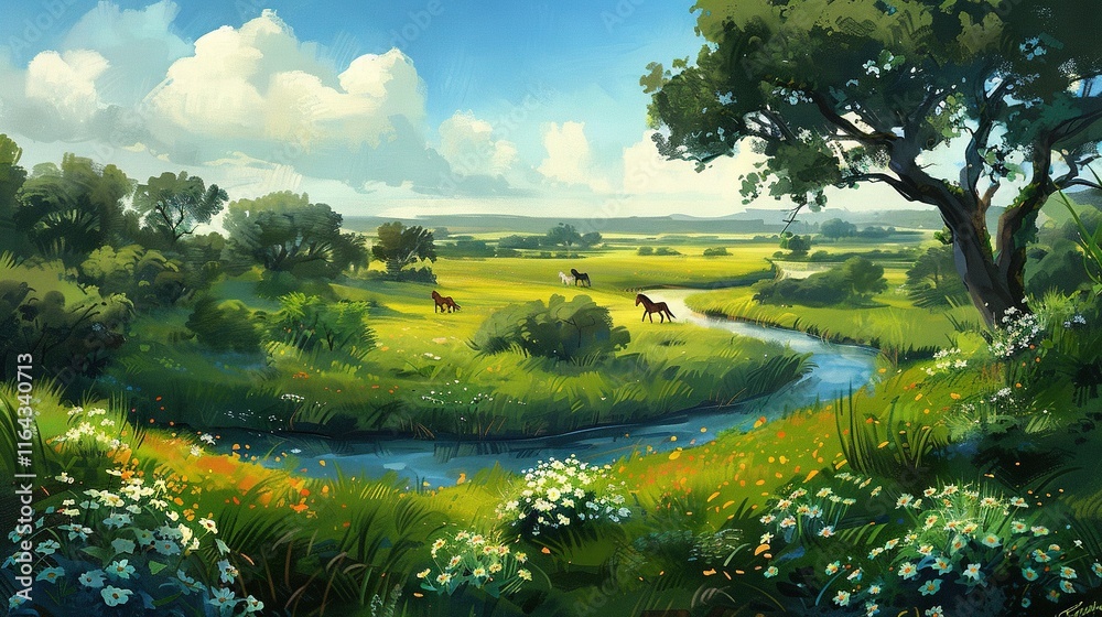 Obraz premium A painting of a river flowing through two lush green fields filled with wildflowers