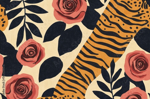 Vibrant Floral and Animal Print Pattern with Roses and Tiger Stripes