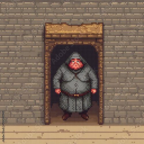 Pixel art depicting a man in a dungeon, showcasing retro gaming aesthetics.