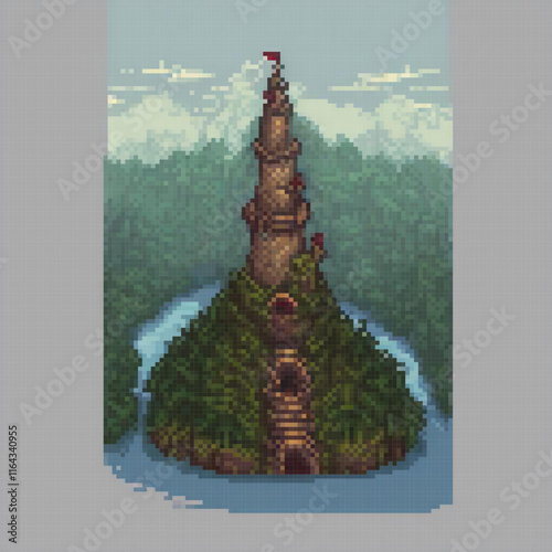 Pixel art depicting a tower amidst a lush forest.