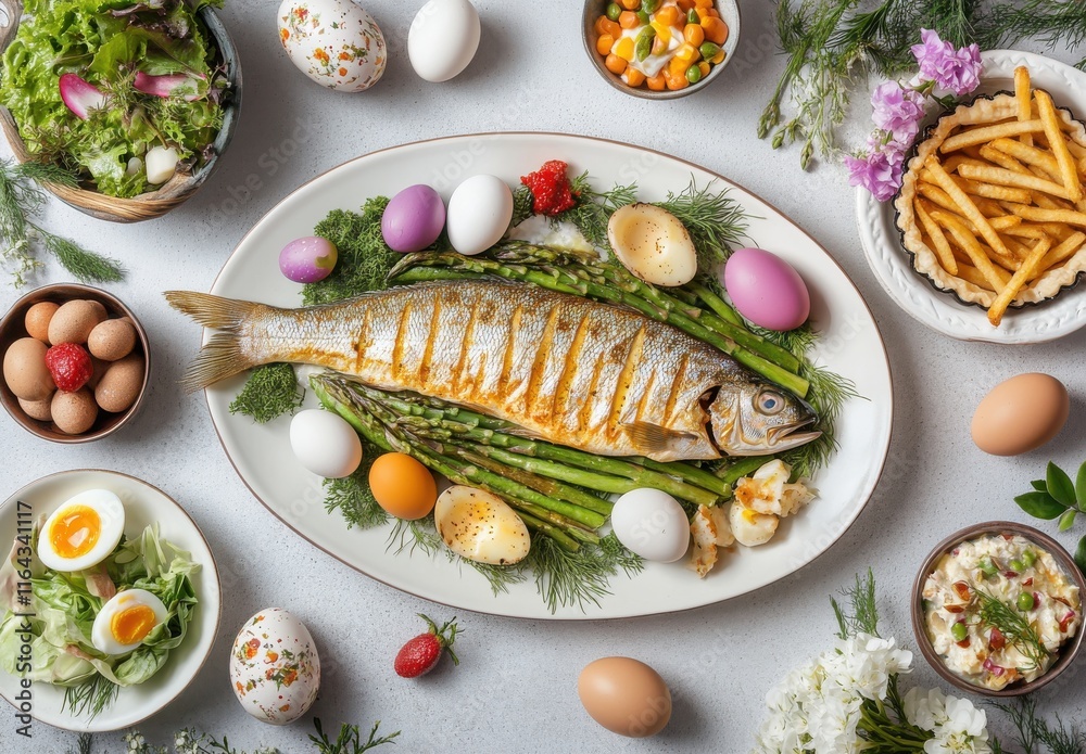 Festive Spring Feast with Grilled Fish, Colorful Eggs, Fresh Vegetables, and Salads Arranged Aesthetically on a Decorative White Surface for Seasonal Celebration