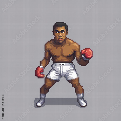 Pixel art of a boxer in a ring, donning striking red gloves.