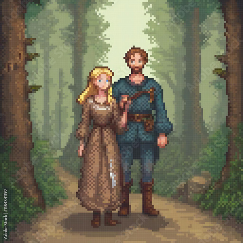 Pixel art depicts a man and woman strolling through a forest path.