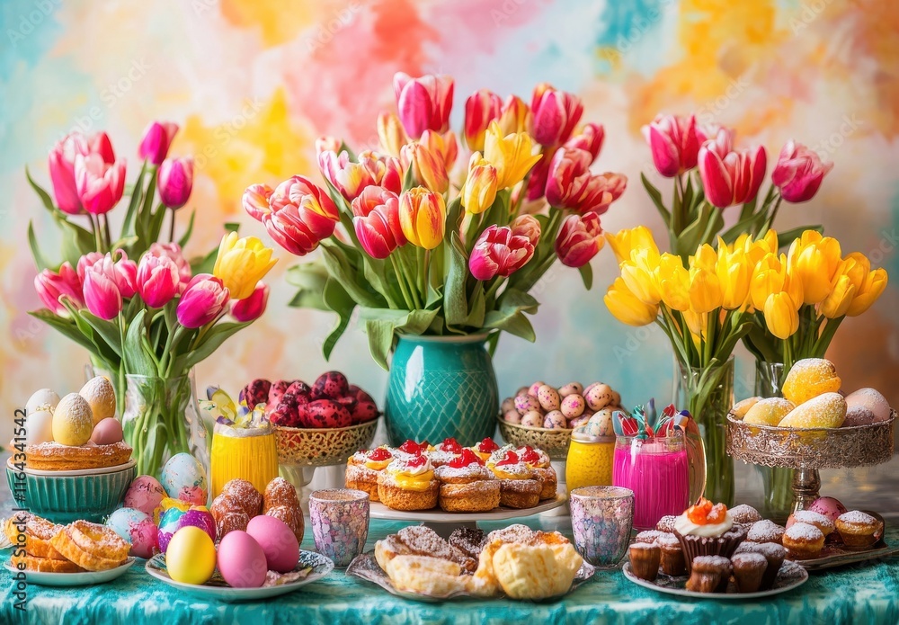 Festive Spring Table Setting with Colorful Tulips, Delicious Pastries, Brightly Colored Easter Eggs, and Playful Sweet Treats for Celebration Festive Spring Table Setting with Colorful Tulips, Delicious Pastries, Brightly Colored Easter Eggs, and Playful Sweet Treats for Celebration