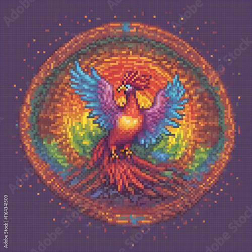 Pixel art cross stitch phoenix design in a circle