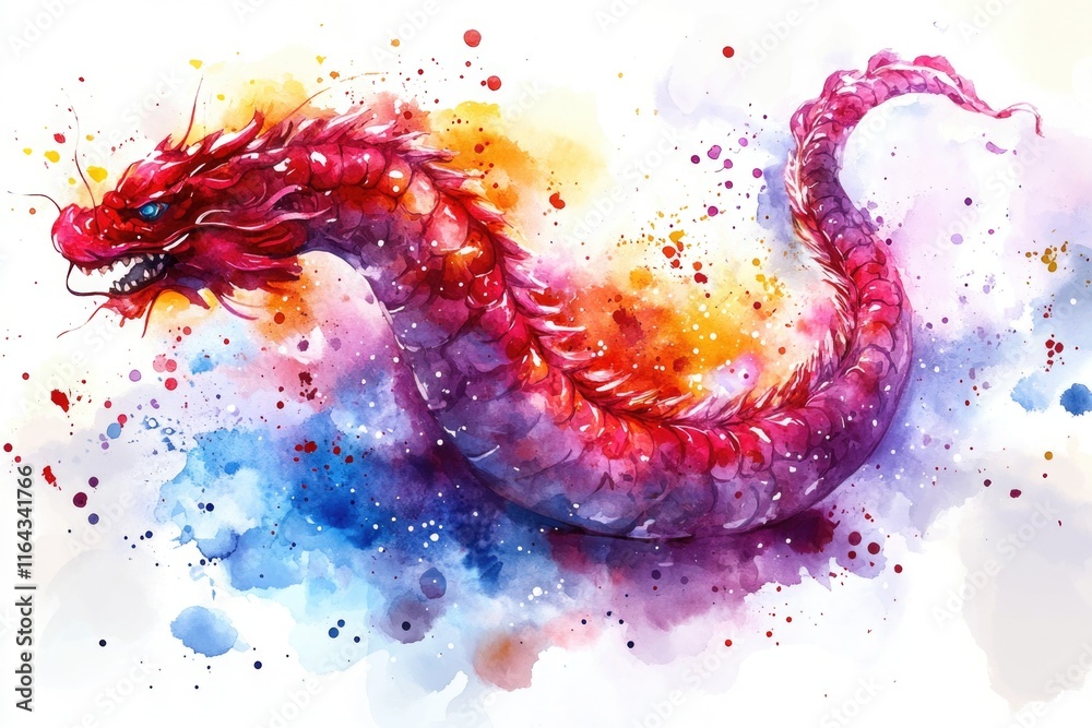 A beautiful watercolor depiction of a fiery red dragon, perfect for fantasy and mythology-themed projects A beautiful watercolor depiction of a fiery red dragon, perfect for fantasy and mythology-themed projects