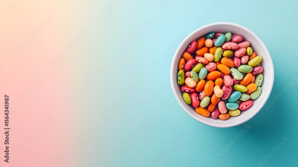 Obraz premium Colorful Beans in a White Bowl on a Pastel Background