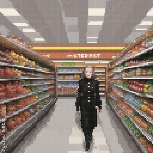 A woman in a black coat navigates a grocery store aisle in pixel art style.