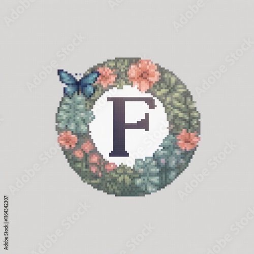 Pixel art cross stitch wreath featuring the letter F