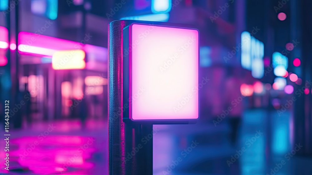 Illuminated Blank Signpost in Neon City Night Illuminated Blank Signpost in Neon City Night