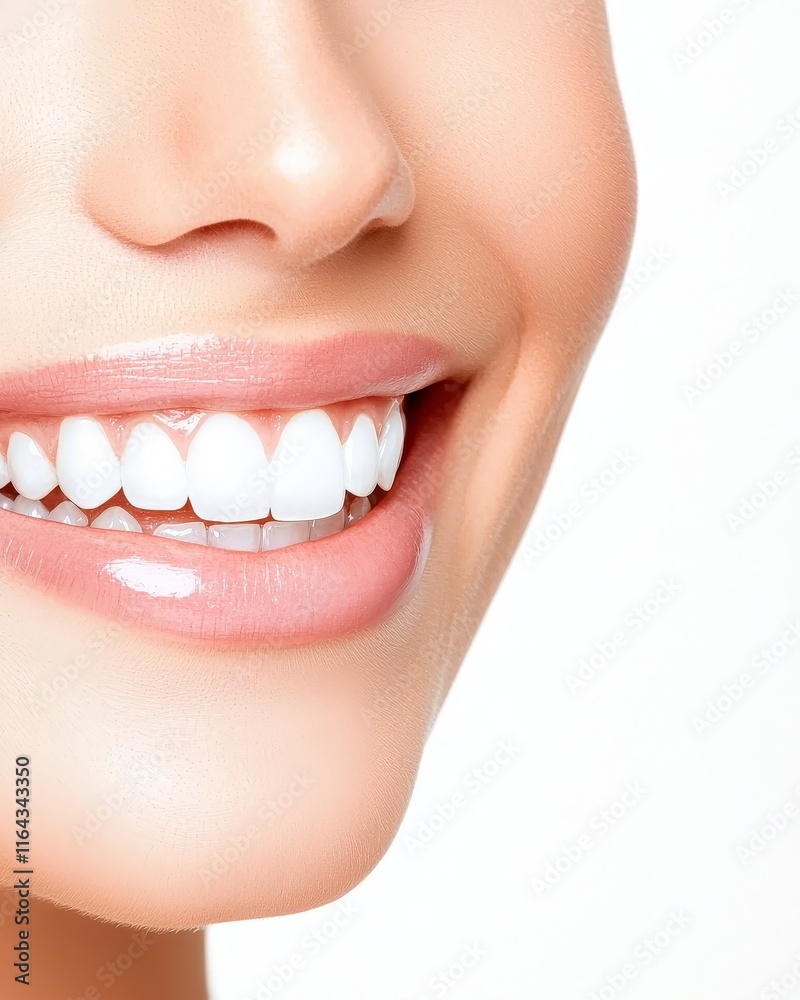 Fototapeta premium A close-up of a woman smiling, showcasing her radiant, white teeth and healthy gums, embodying confidence and beauty.