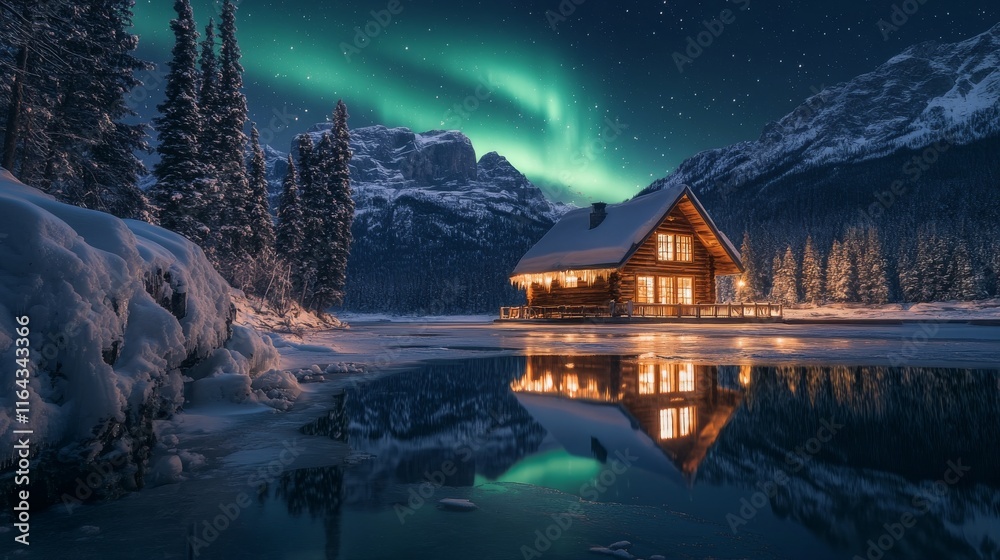 Fototapeta premium A wooden cabin stands by a serene lake, surrounded by snow-covered trees under a starry sky. The northern lights cast a colorful glow, reflecting on the calm water's surface