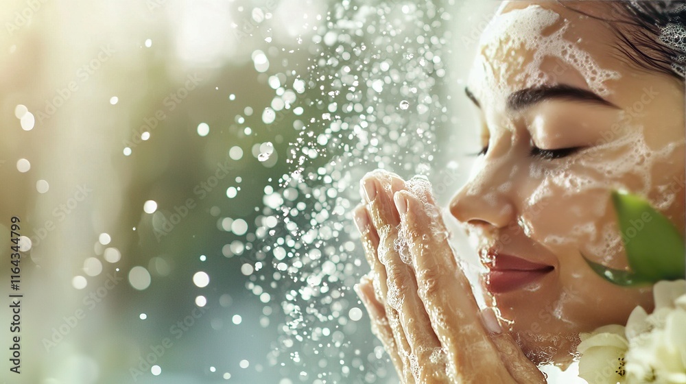 A woman washing her face under a shower with a flower in front of her A woman washing her face under a shower with a flower in front of her