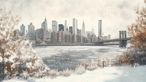 Frozen East River framing snow-covered New York cityscape views, Iconic Landmarks in Snow, Illustration
