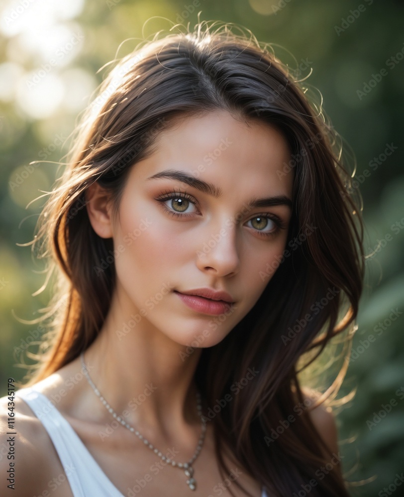 Fototapeta premium Natural Portrait of Young Woman with Green Eyes in Soft Light