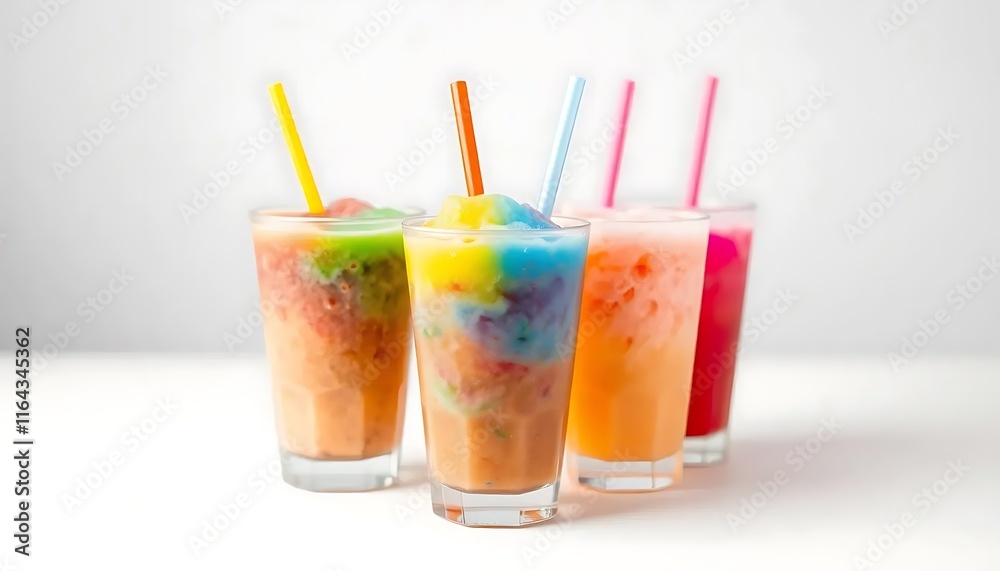 cups with rainbow colored slush ice drinks, row on white background cups with rainbow colored slush ice drinks, row on white background