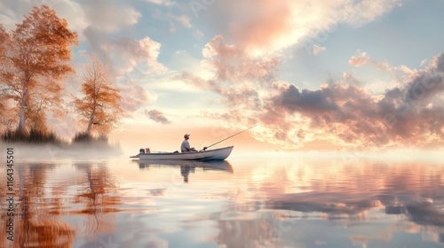 A man fishing at sunrise in a boat surrounded by cypress trees in Louisiana during fall