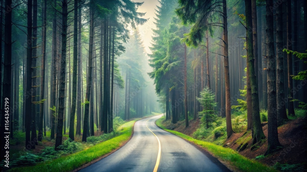 Fototapeta premium Serene Winding Road Through a Misty Evergreen Forest