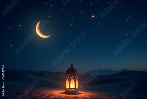 Ramadan Kareem - Arabic Lantern At Night In desert With Crescent Moon And Magic Glittering photo