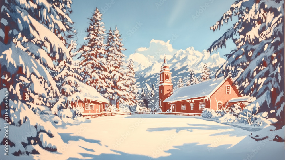 Snow-covered rink framed by tall snow-laden trees, Community Holiday Events, Digital Graphic Snow-covered rink framed by tall snow-laden trees, Community Holiday Events, Digital Graphic