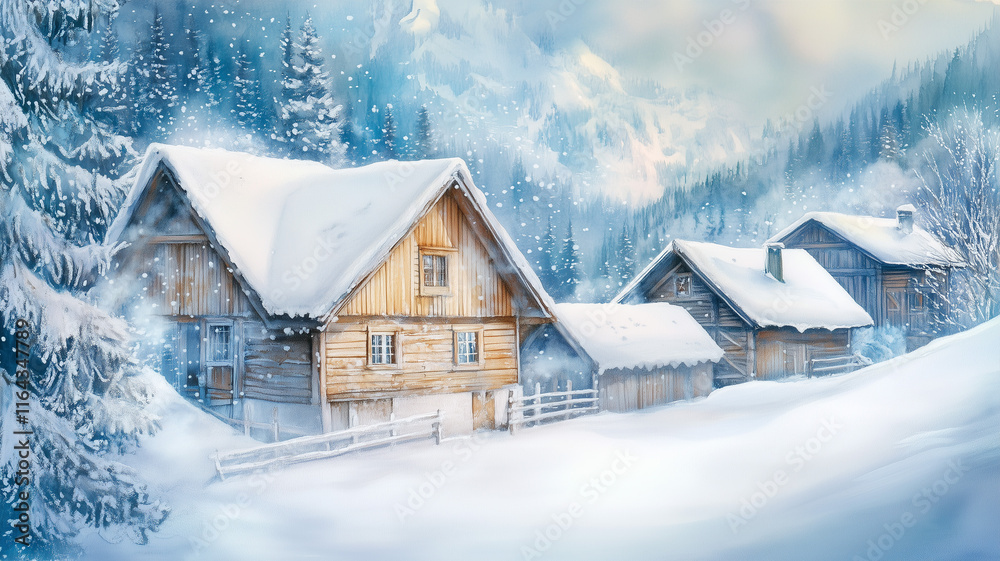 Snow-covered wooden chalet with steep pitched roof, Traditional European Village, Digital Art Snow-covered wooden chalet with steep pitched roof, Traditional European Village, Digital Art