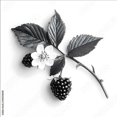 a black and white photo realistic image of a blackberry sprig with two berries and one flower with a white background photo