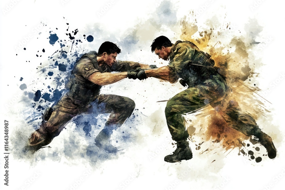 Obraz premium Two men engage in a physical altercation covered in paint splatters