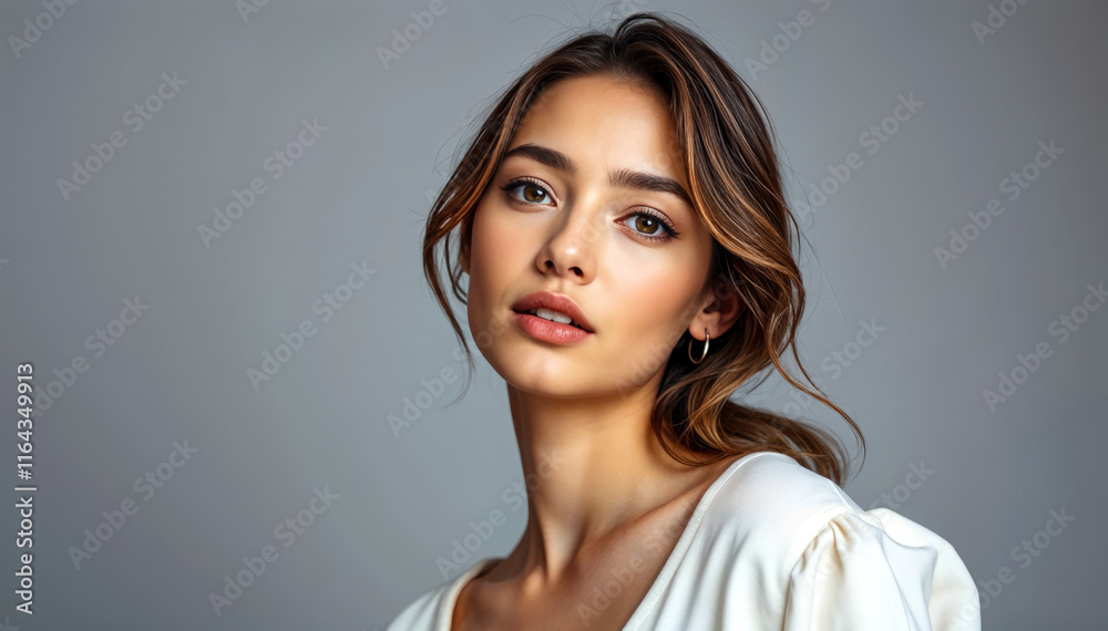 Close up portrait of young woman with long brown hair wearing white top against gray background