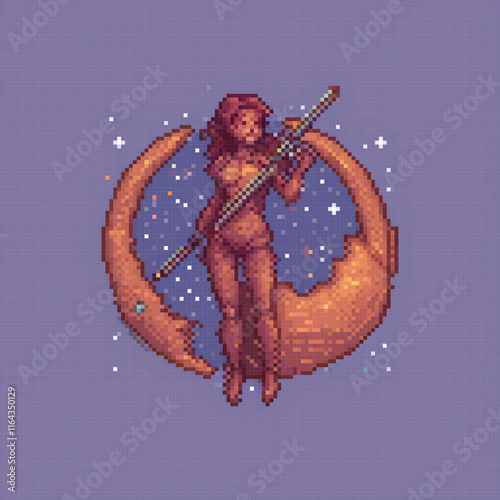 Woman serenades the moon with a flute in pixel art.