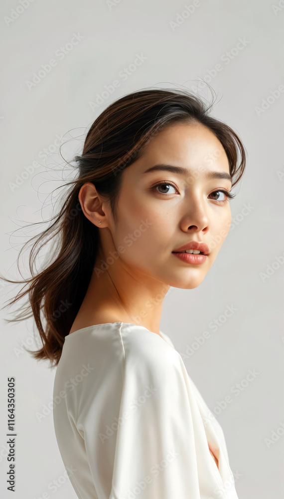 Elegant portrait of Asian woman with flowing hair wearing stylish off white top against light background Elegant portrait of Asian woman with flowing hair wearing stylish off white top against light background