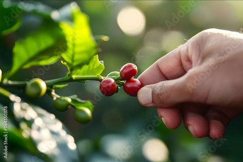 close up finger of farmer havesting fresh red coffee beans from the coffee trees photo