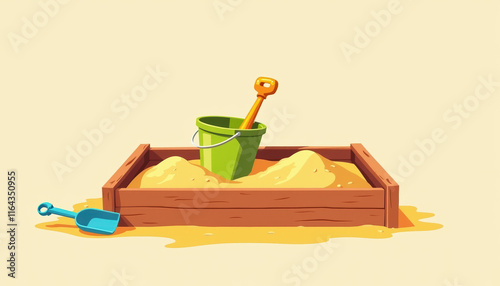 Simple wooden sandbox filled with golden sand featuring a bright bucket and shovel