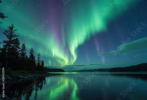 Aurora borealis over still lake at night