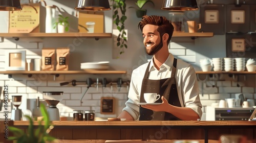 Description:
Experience the epitome of fine dining with this captivating image featuring a smiling male waiter in a classic restaurant setting. Dressed in a crisp white shirt and bow tie