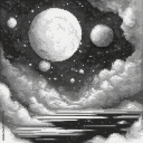 Stunning black and white pixel art of a spaceship soaring through the cosmos.