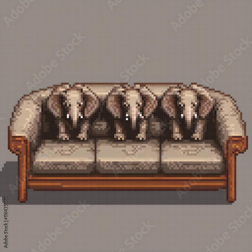 Pixel art featuring a couch adorned with three playful elephants.