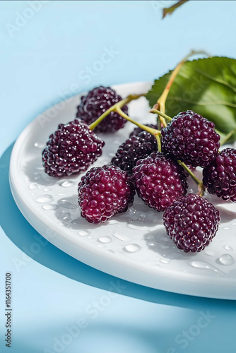 a set of long deep purple mulberry lies on a white plastic platform water drops minimalism studio lightning close up shot commercial photogaphy light blue background h photo