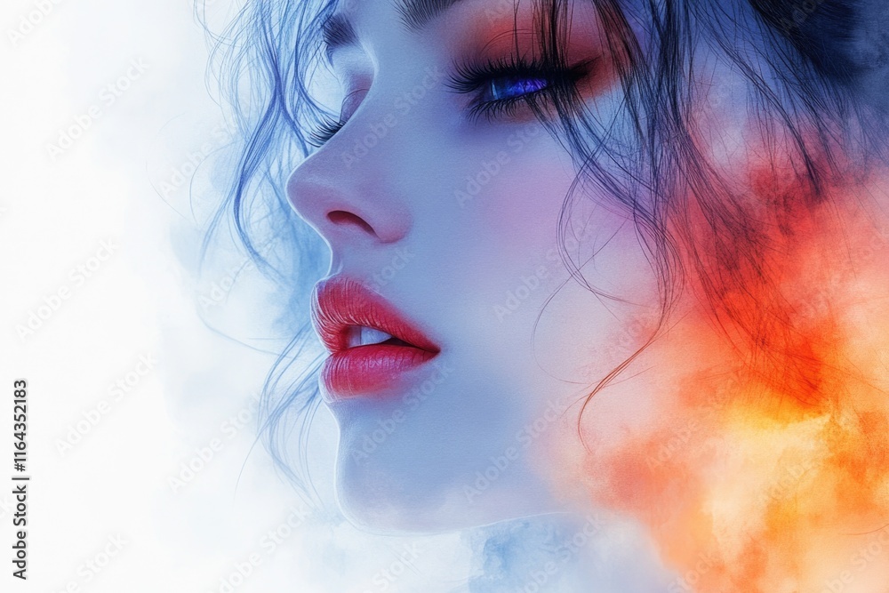 Fototapeta premium Close-up of a woman's face with visible smoke being exhaled from her mouth, suitable for use in illustrations about smoking or addiction
