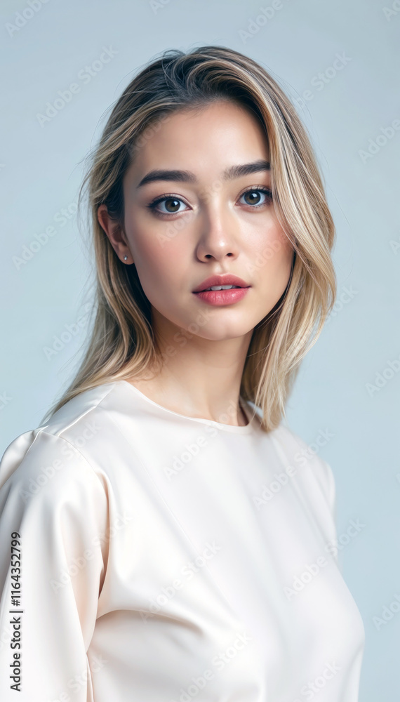 Portrait of young Asian woman with long blonde hair wearing beige top Beautiful and natural makeup Portrait of young Asian woman with long blonde hair wearing beige top Beautiful and natural makeup