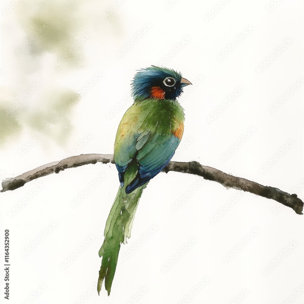 Fototapeta premium Vibrant Green Bird Perched on Branch Watercolor