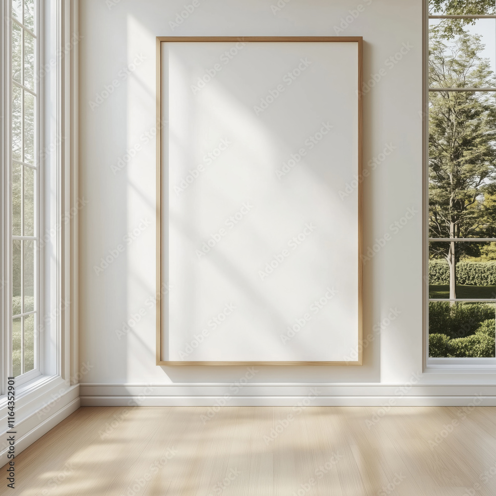 Wooden mock up poster frame by the wall near the panoramic windows with green garden outside Wooden mock up poster frame by the wall near the panoramic windows with green garden outside