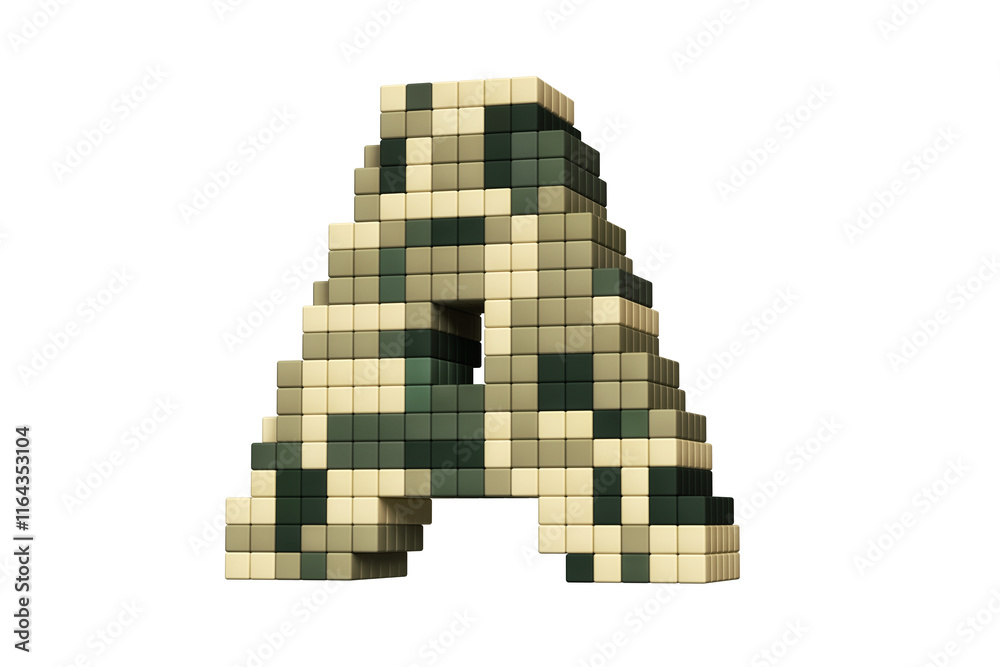 Fototapeta premium Chiptune 3D typography pixel art style letter A in military camouflage tones. High definition 3D rendering.